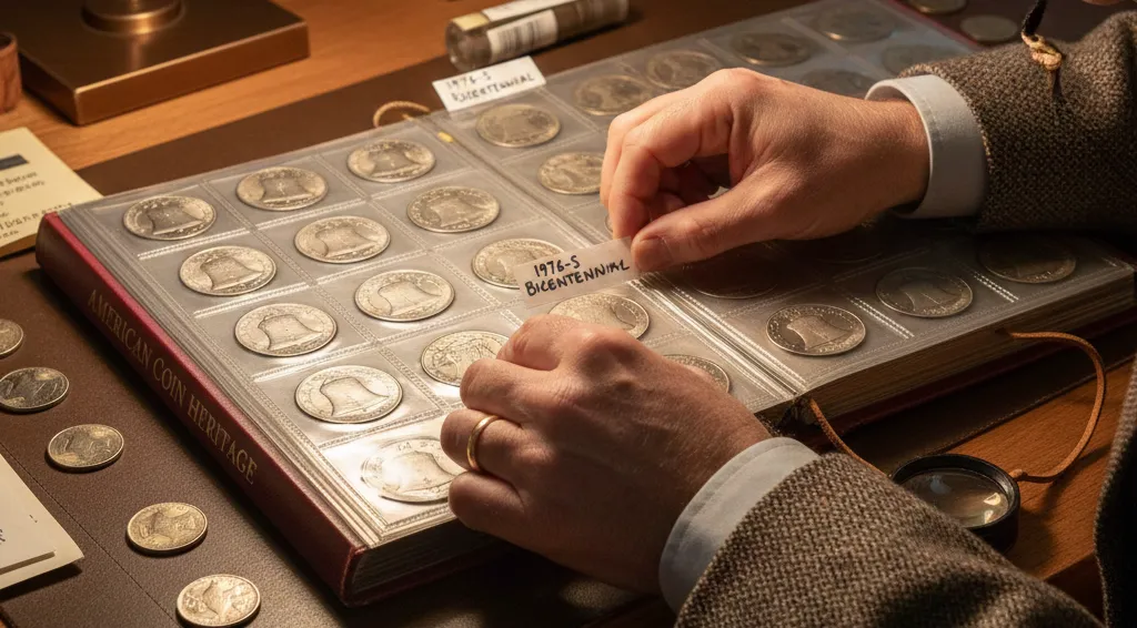 Collector labeling a 1976 dollar coin in an album