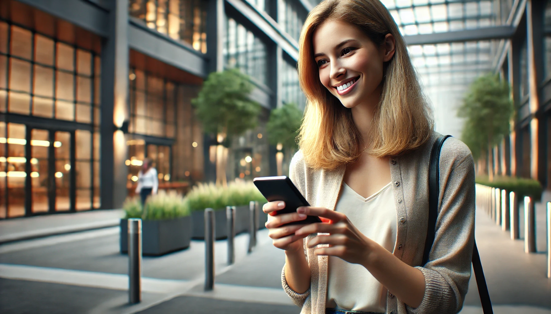 a smiling blonde woman with a phone in her hands standing in an urban street.
