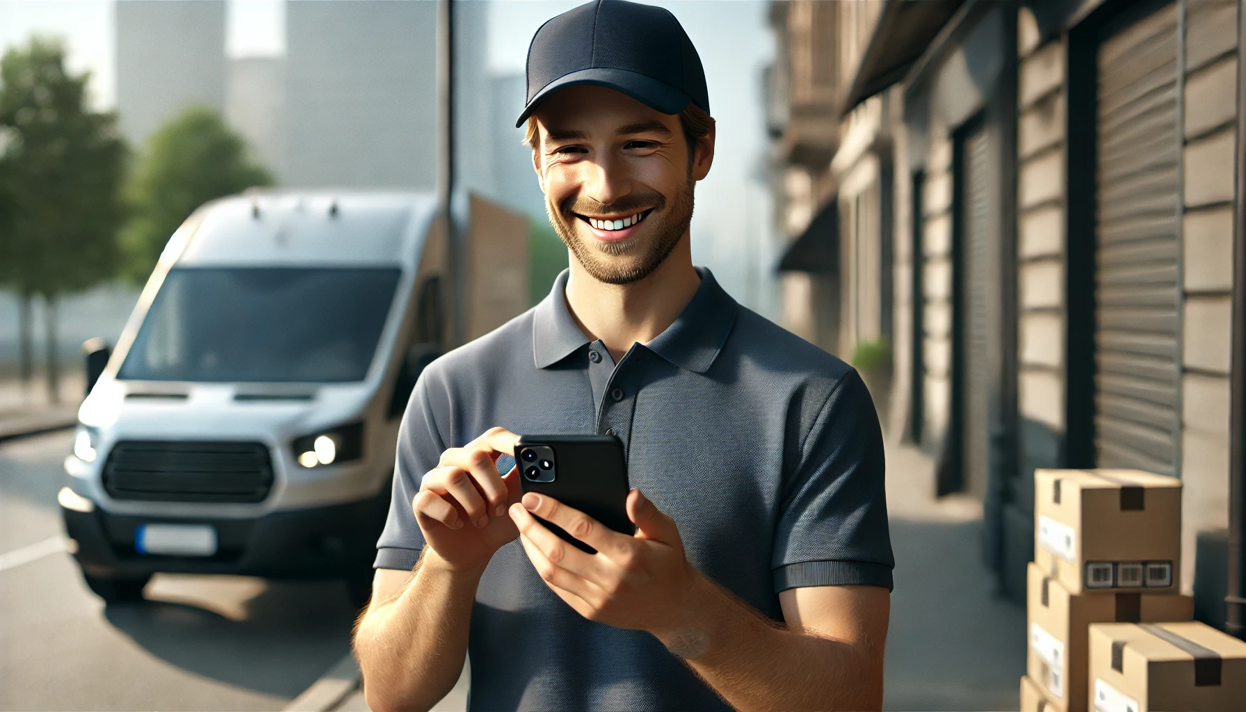 a smiling delivery man using his phone near packages and boxes.