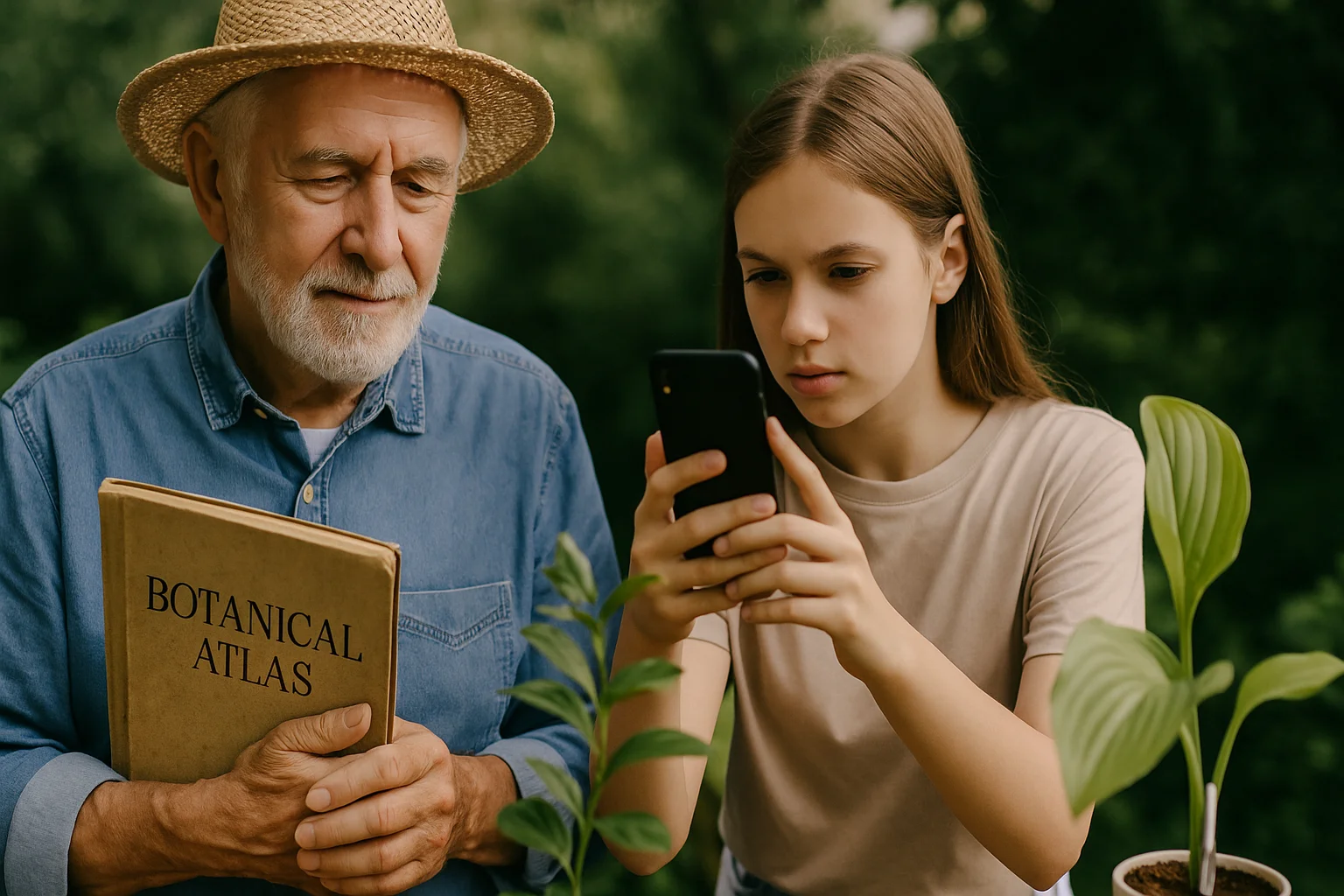 An elderly gardener used to rely on books only sees how his granddaughter photographs a plant with her smartphone.