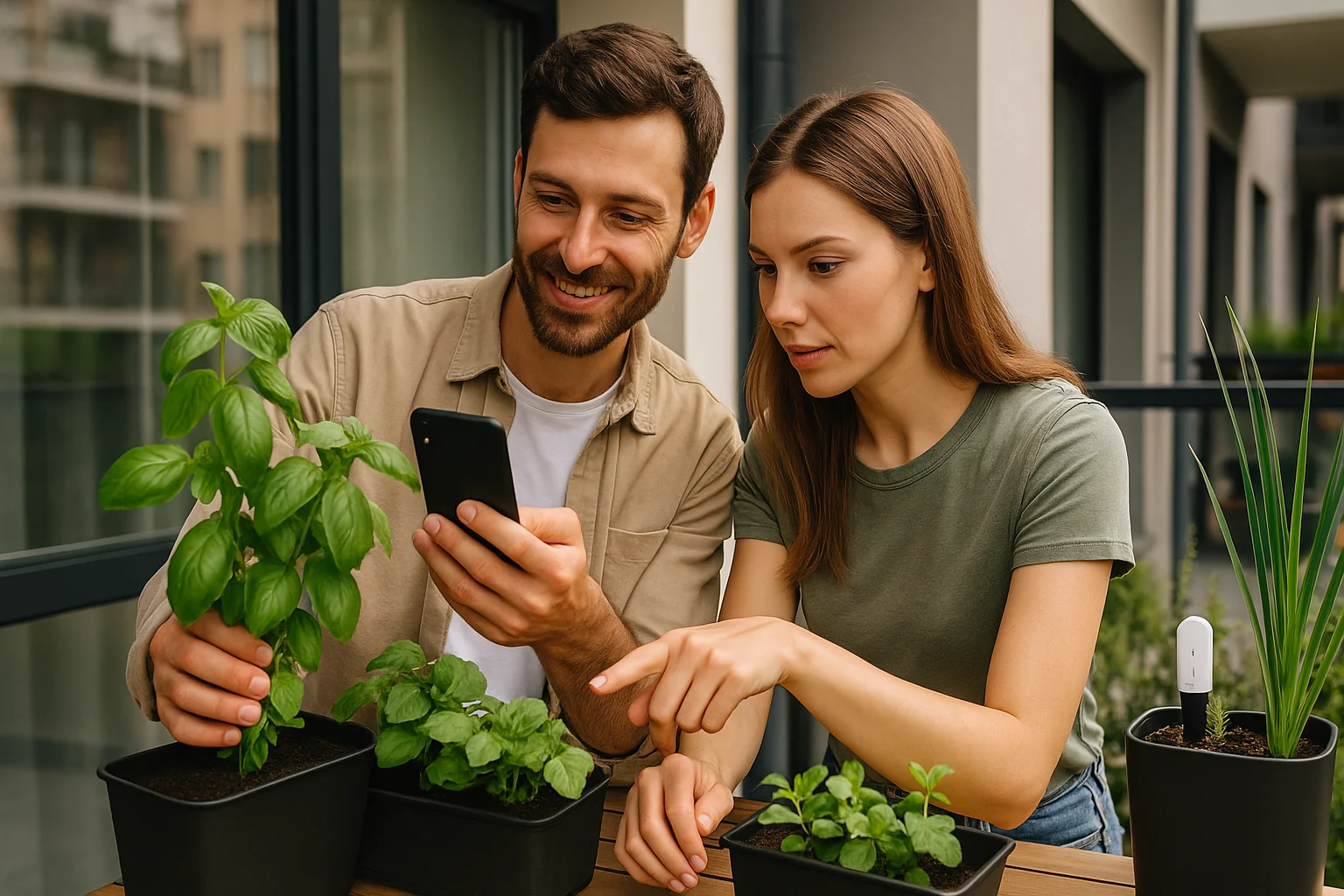 A young couple tends to balcony plants using a smartphone and a smart pot sensor for modern care.
