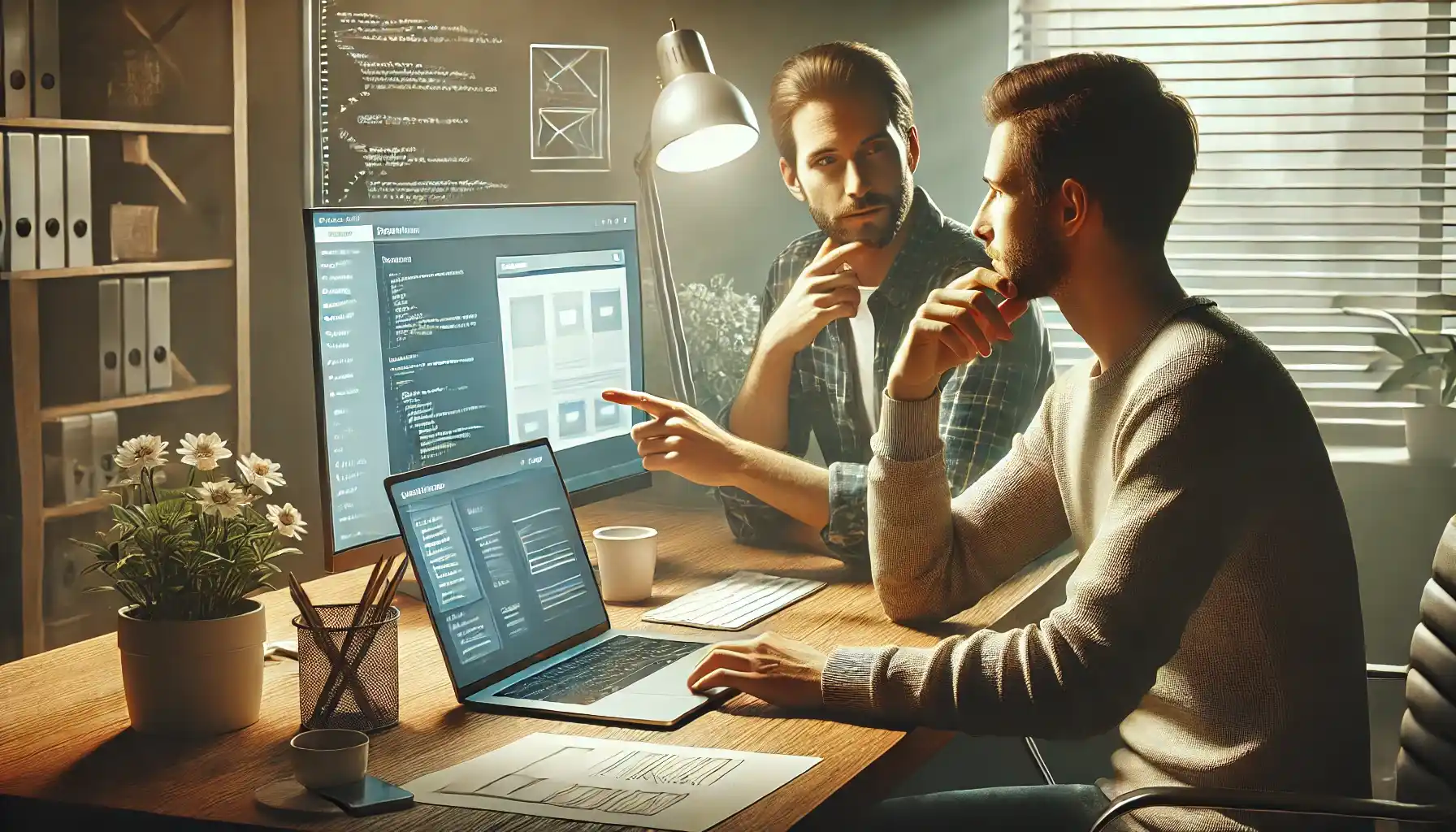Two web developers are discussing a website project in a modern office.