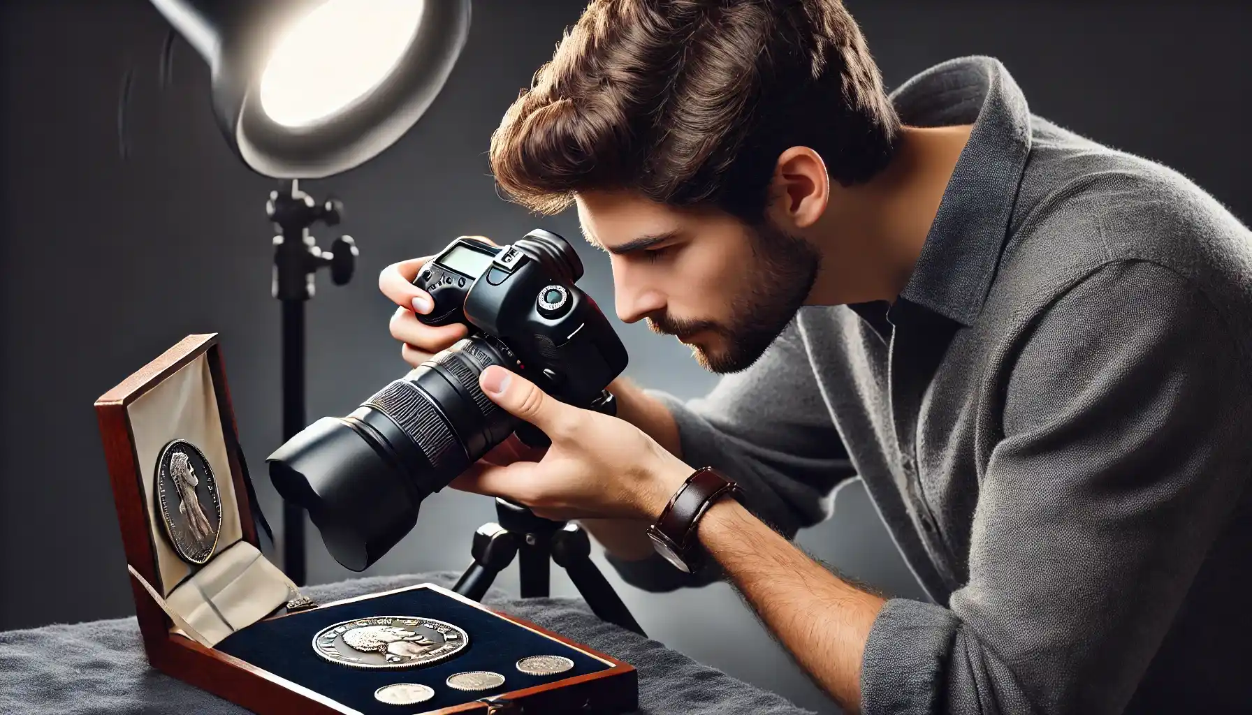 A man is professionally photographing an antique coin using a DSLR camera with a macro lens to add photos on his coin website.
