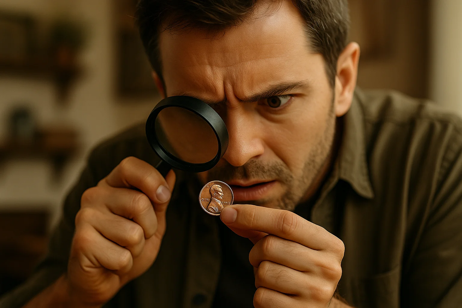 A man inspects a 1982 penny through a magnifying glass, focusing on details that may reveal its variety or errors.