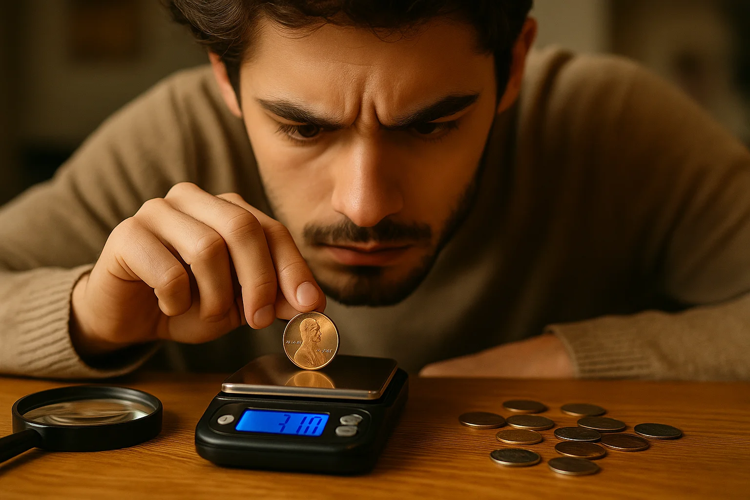 A young collector carefully weighs a 1982 penny on a digital scale to check if it’s copper or zinc.