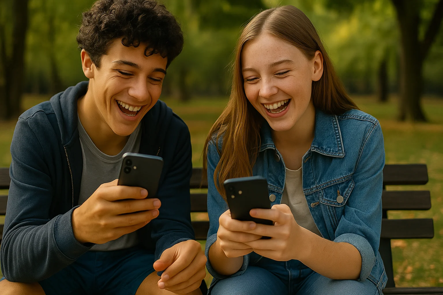 Two teens laugh and compare scores after a quick round of brain training games in the park — turning fun into daily progress.